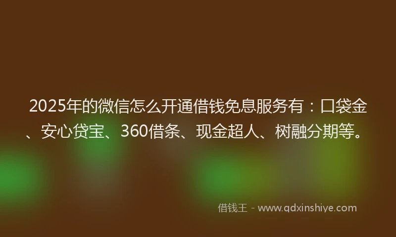 2025年的微信怎么开通借钱免息服务有：口袋金、安心贷宝、360借条、现金超人、树融分期等。