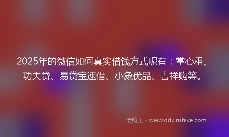 2025年的微信如何真实借钱方式呢有：掌心租、功夫贷、易贷宝速借、小象优品、吉祥购等。