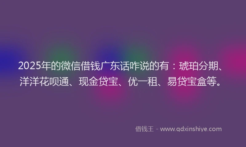 2025年的微信借钱广东话咋说的有：琥珀分期、洋洋花呗通、现金贷宝、优一租、易贷宝盒等。