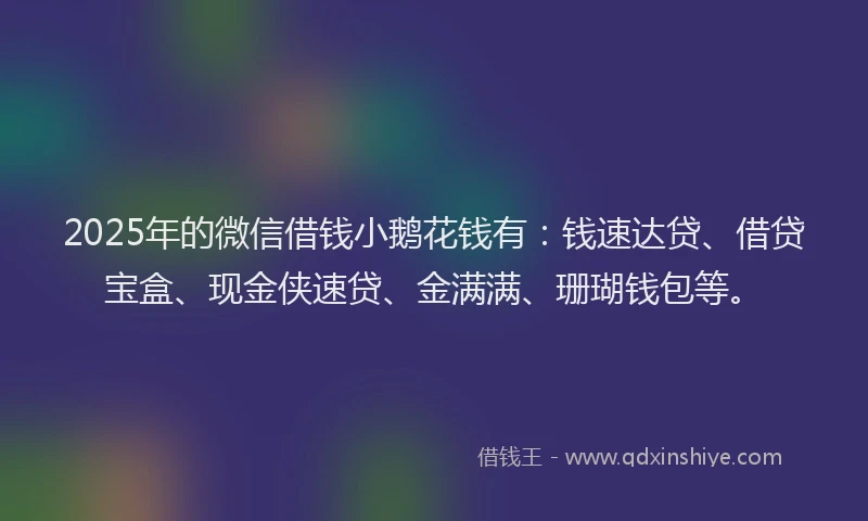 2025年的微信借钱小鹅花钱有：钱速达贷、借贷宝盒、现金侠速贷、金满满、珊瑚钱包等。