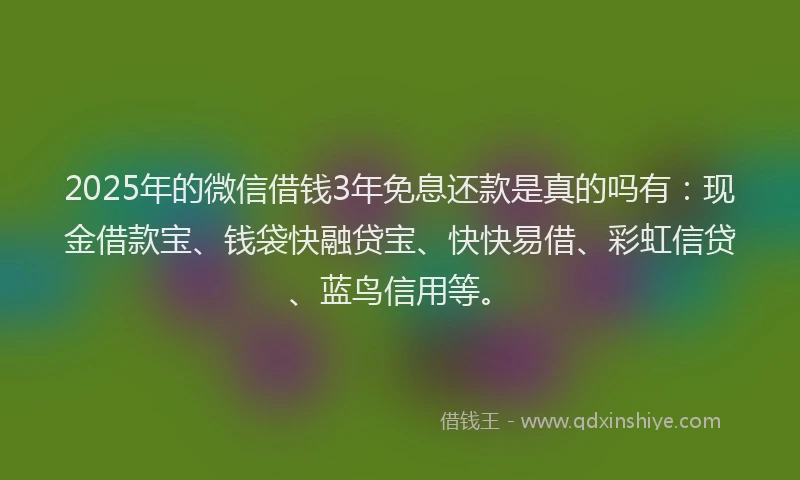 2025年的微信借钱3年免息还款是真的吗有：现金借款宝、钱袋快融贷宝、快快易借、彩虹信贷、蓝鸟信用等。