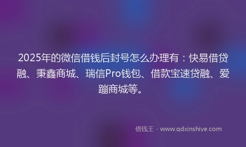 2025年的微信借钱后封号怎么办理有：快易借贷融、秉鑫商城、瑞信Pro钱包、借款宝速贷融、爱蹦商城等。