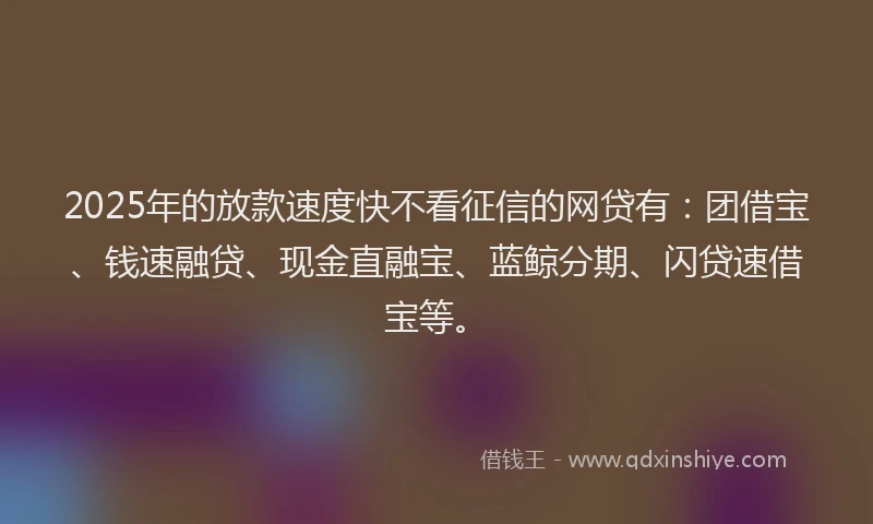 2025年的放款速度快不看征信的网贷有：团借宝、钱速融贷、现金直融宝、蓝鲸分期、闪贷速借宝等。