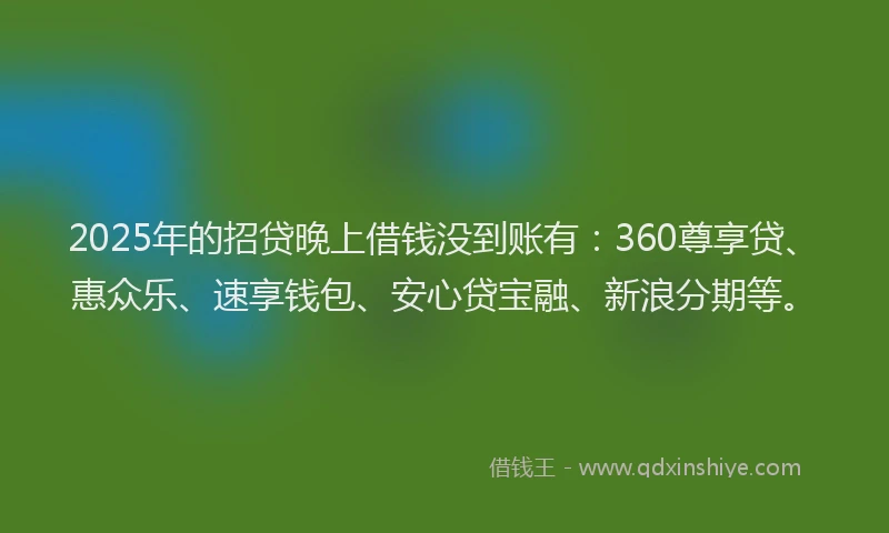 2025年的招贷晚上借钱没到账有：360尊享贷、惠众乐、速享钱包、安心贷宝融、新浪分期等。