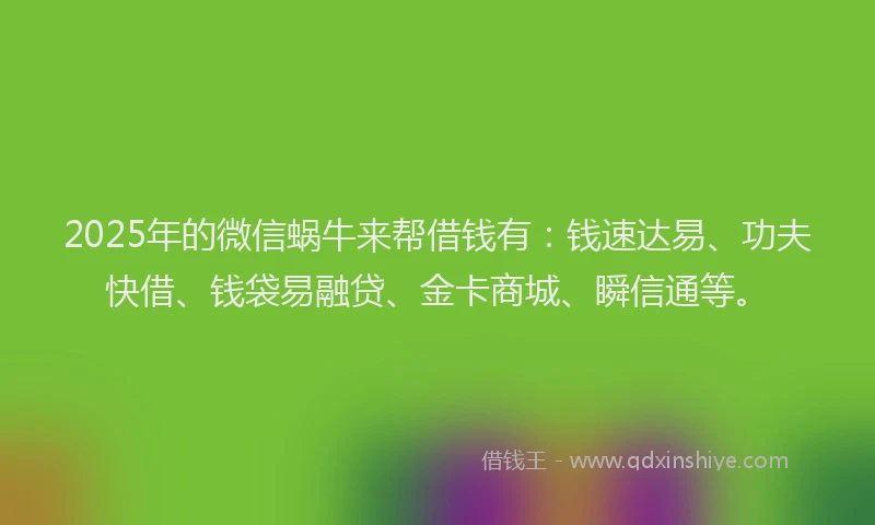 2025年的微信蜗牛来帮借钱有：钱速达易、功夫快借、钱袋易融贷、金卡商城、瞬信通等。