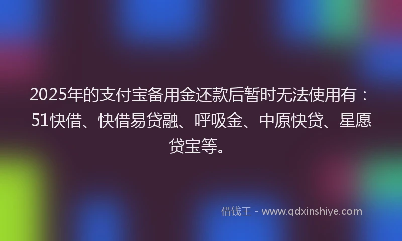 2025年的支付宝备用金还款后暂时无法使用有：51快借、快借易贷融、呼吸金、中原快贷、星愿贷宝等。