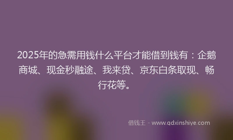 2025年的急需用钱什么平台才能借到钱有：企鹅商城、现金秒融途、我来贷、京东白条取现、畅行花等。