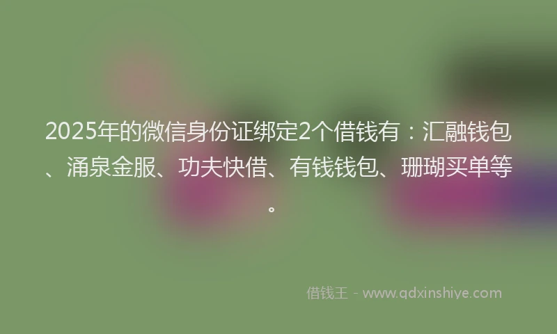 2025年的微信身份证绑定2个借钱有：汇融钱包、涌泉金服、功夫快借、有钱钱包、珊瑚买单等。