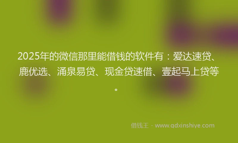 2025年的微信那里能借钱的软件有：爱达速贷、鹿优选、涌泉易贷、现金贷速借、壹起马上贷等。