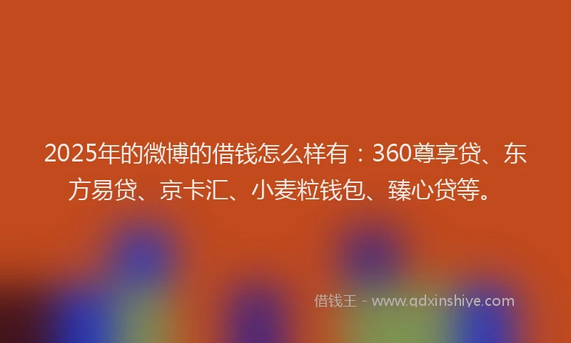 2025年的微博的借钱怎么样有：360尊享贷、东方易贷、京卡汇、小麦粒钱包、臻心贷等。