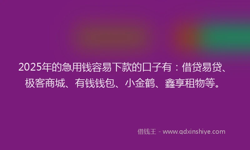 2025年的急用钱容易下款的口子有：借贷易贷、极客商城、有钱钱包、小金鹤、鑫享租物等。