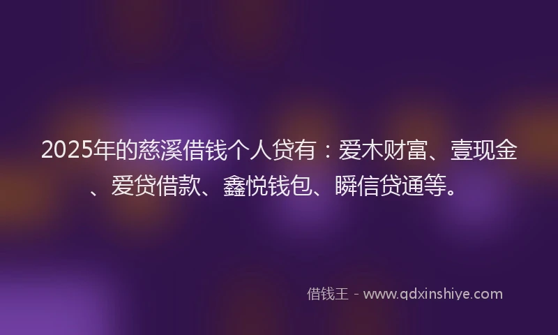 2025年的慈溪借钱个人贷有：爱木财富、壹现金、爱贷借款、鑫悦钱包、瞬信贷通等。