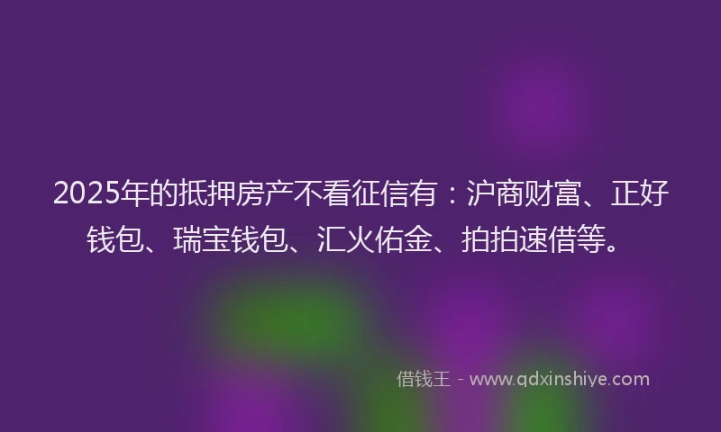 2025年的抵押房产不看征信有：沪商财富、正好钱包、瑞宝钱包、汇火佑金、拍拍速借等。