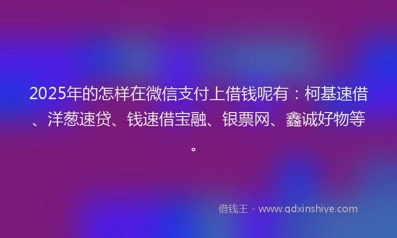 2025年的怎样在微信支付上借钱呢有：柯基速借、洋葱速贷、钱速借宝融、银票网、鑫诚好物等。