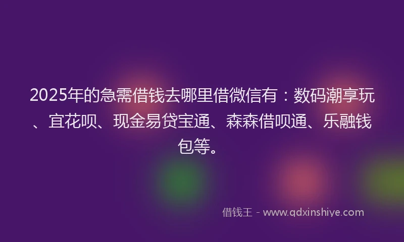2025年的急需借钱去哪里借微信有：数码潮享玩、宜花呗、现金易贷宝通、森森借呗通、乐融钱包等。