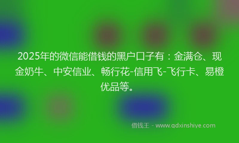 2025年的微信能借钱的黑户口子有：金满仓、现金奶牛、中安信业、畅行花-信用飞-飞行卡、易橙优品等。