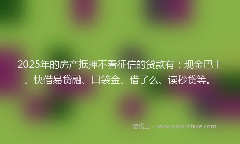 2025年的房产抵押不看征信的贷款有：现金巴士、快借易贷融、口袋金、借了么、读秒贷等。
