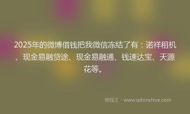 2025年的微博借钱把我微信冻结了有：诺祥租机、现金易融贷途、现金易融通、钱速达宝、天源花等。