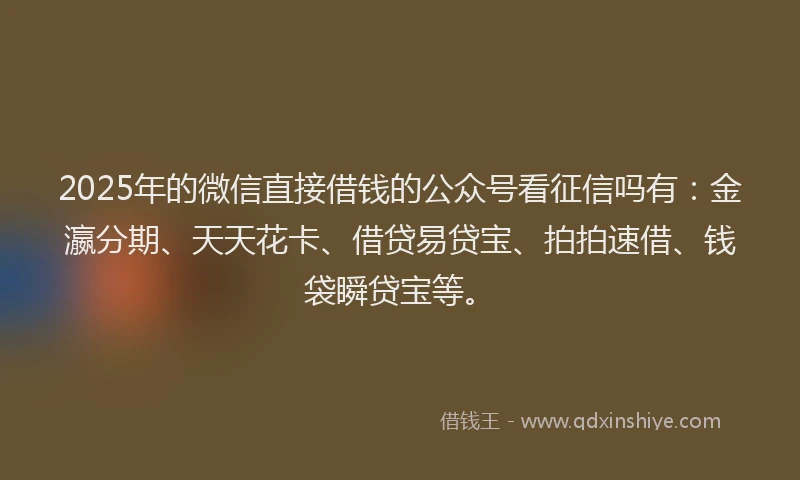 2025年的微信直接借钱的公众号看征信吗有：金瀛分期、天天花卡、借贷易贷宝、拍拍速借、钱袋瞬贷宝等。