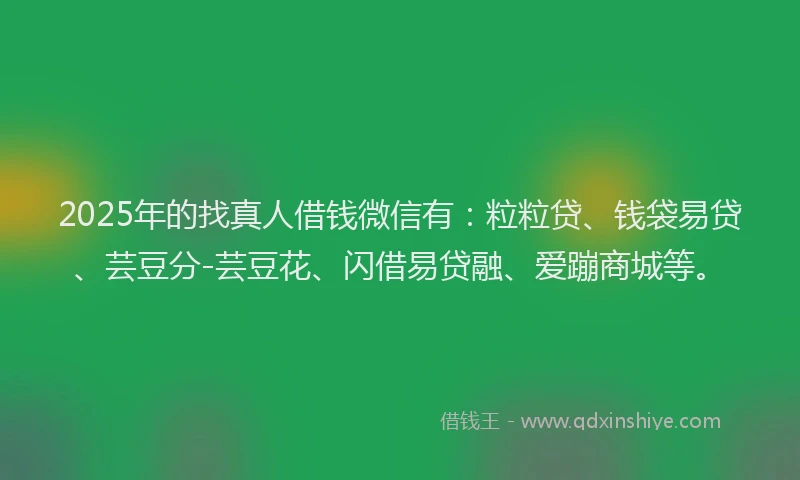2025年的找真人借钱微信有：粒粒贷、钱袋易贷、芸豆分-芸豆花、闪借易贷融、爱蹦商城等。