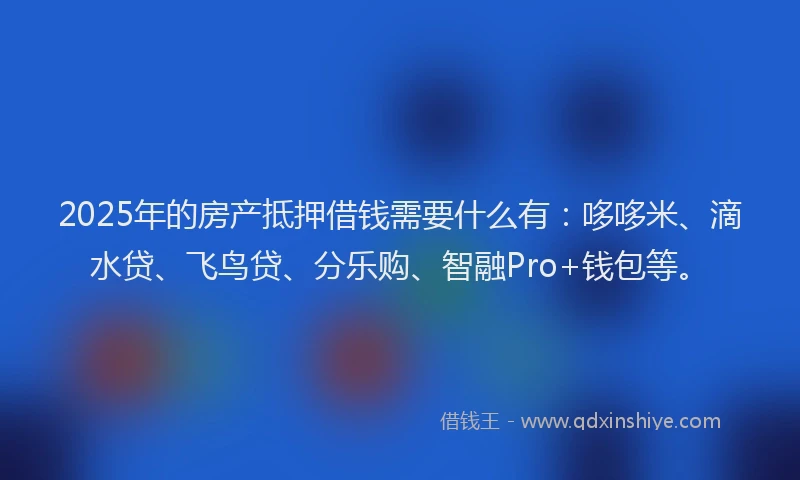 2025年的房产抵押借钱需要什么有：哆哆米、滴水贷、飞鸟贷、分乐购、智融Pro+钱包等。