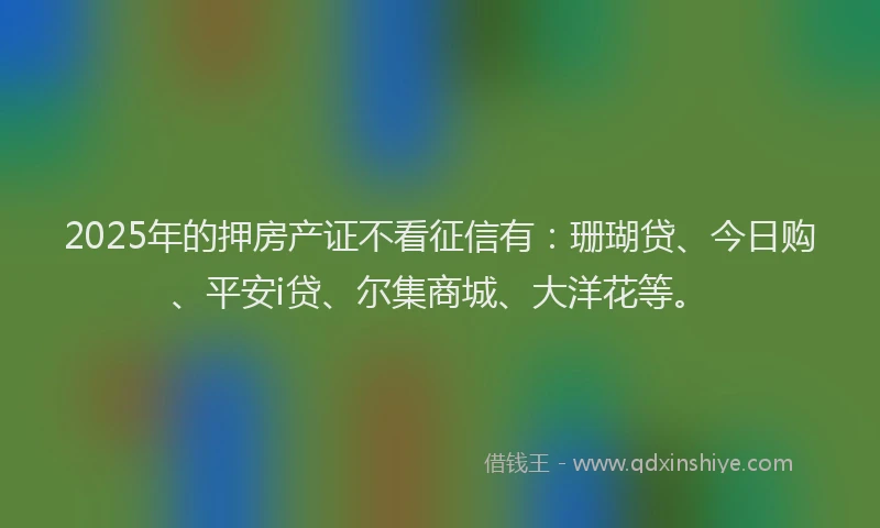 2025年的押房产证不看征信有：珊瑚贷、今日购、平安i贷、尔集商城、大洋花等。