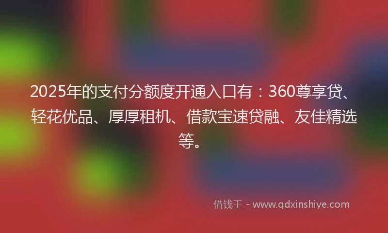 2025年的支付分额度开通入口有：360尊享贷、轻花优品、厚厚租机、借款宝速贷融、友佳精选等。