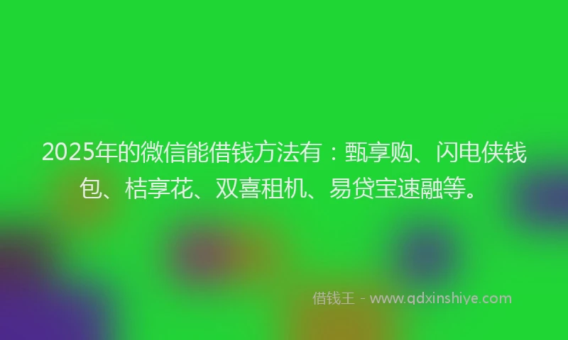 2025年的微信能借钱方法有：甄享购、闪电侠钱包、桔享花、双喜租机、易贷宝速融等。