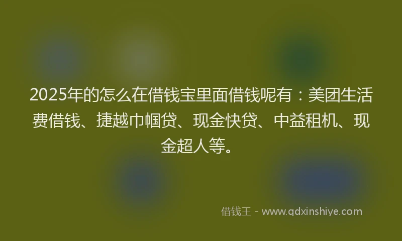 2025年的怎么在借钱宝里面借钱呢有：美团生活费借钱、捷越巾帼贷、现金快贷、中益租机、现金超人等。