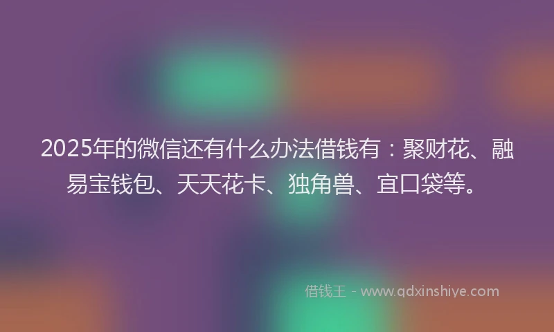 2025年的微信还有什么办法借钱有：聚财花、融易宝钱包、天天花卡、独角兽、宜口袋等。