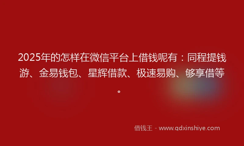 2025年的怎样在微信平台上借钱呢有：同程提钱游、金易钱包、星辉借款、极速易购、够享借等。