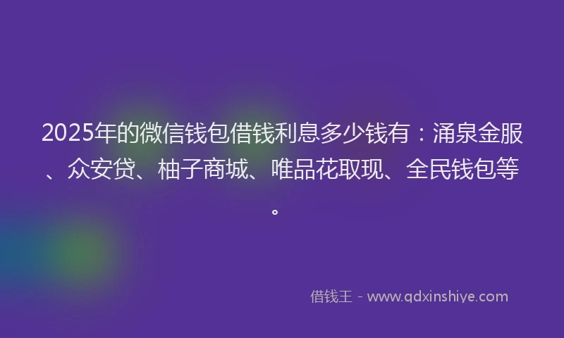2025年的微信钱包借钱利息多少钱有：涌泉金服、众安贷、柚子商城、唯品花取现、全民钱包等。