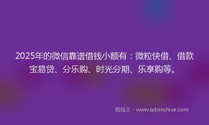 2025年的微信靠谱借钱小额有：微粒快借、借款宝易贷、分乐购、时光分期、乐享购等。