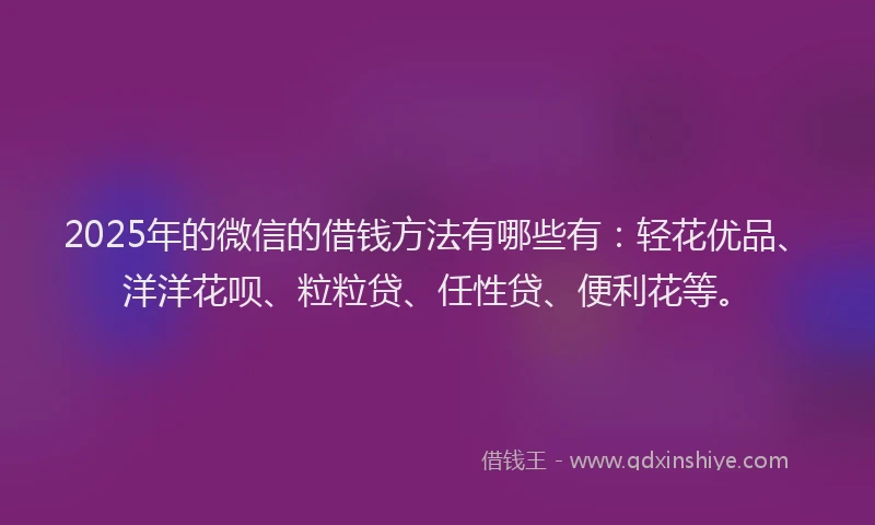 2025年的微信的借钱方法有哪些有：轻花优品、洋洋花呗、粒粒贷、任性贷、便利花等。