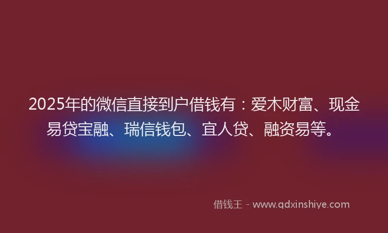 2025年的微信直接到户借钱有：爱木财富、现金易贷宝融、瑞信钱包、宜人贷、融资易等。