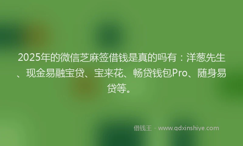 2025年的微信芝麻签借钱是真的吗有：洋葱先生、现金易融宝贷、宝来花、畅贷钱包Pro、随身易贷等。