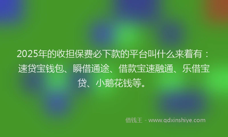 2025年的收担保费必下款的平台叫什么来着有：速贷宝钱包、瞬借通途、借款宝速融通、乐借宝贷、小鹅花钱等。