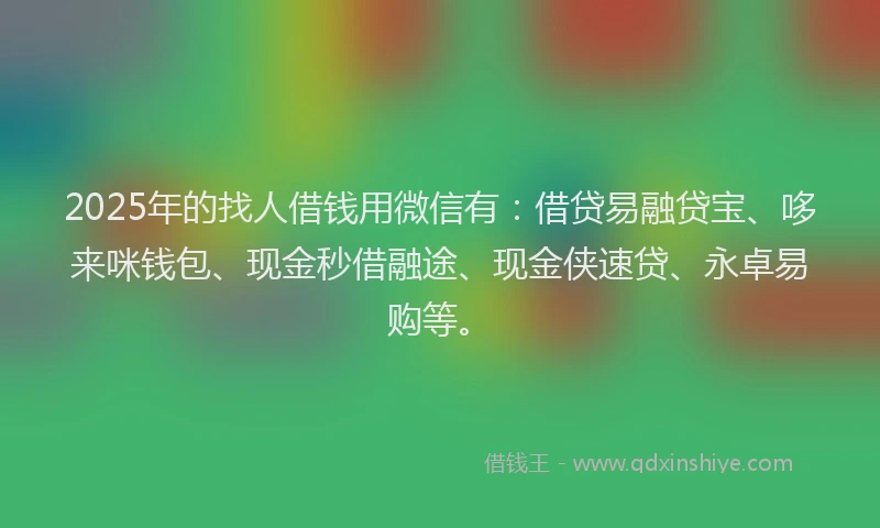 2025年的找人借钱用微信有：借贷易融贷宝、哆来咪钱包、现金秒借融途、现金侠速贷、永卓易购等。