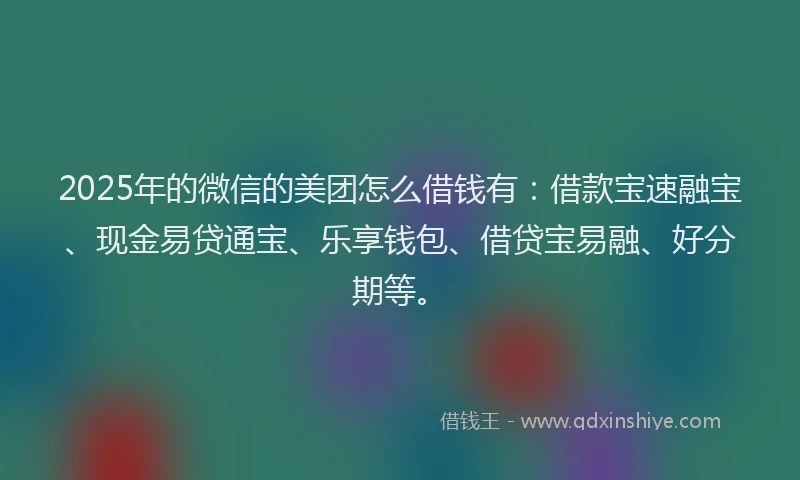 2025年的微信的美团怎么借钱有：借款宝速融宝、现金易贷通宝、乐享钱包、借贷宝易融、好分期等。