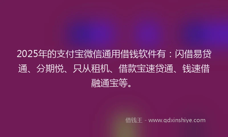 2025年的支付宝微信通用借钱软件有：闪借易贷通、分期悦、只从租机、借款宝速贷通、钱速借融通宝等。