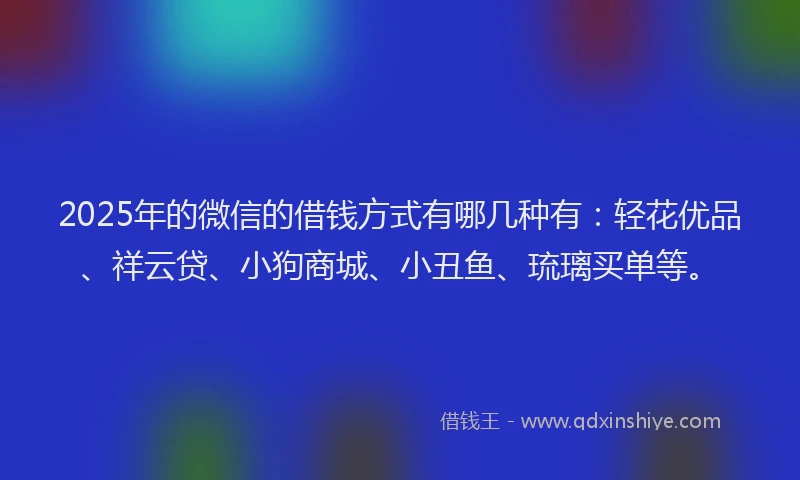 2025年的微信的借钱方式有哪几种有：轻花优品、祥云贷、小狗商城、小丑鱼、琉璃买单等。