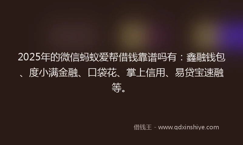 2025年的微信蚂蚁爱帮借钱靠谱吗有：鑫融钱包、度小满金融、口袋花、掌上信用、易贷宝速融等。