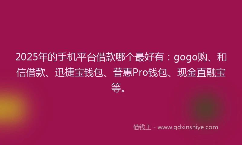 2025年的手机平台借款哪个最好有：gogo购、和信借款、迅捷宝钱包、普惠Pro钱包、现金直融宝等。