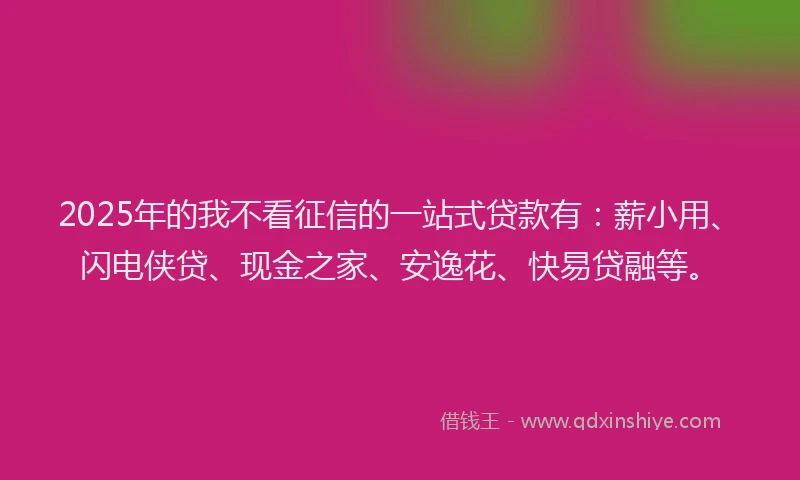 2025年的我不看征信的一站式贷款有：薪小用、闪电侠贷、现金之家、安逸花、快易贷融等。