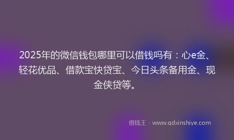 2025年的微信钱包哪里可以借钱吗有：心e金、轻花优品、借款宝快贷宝、今日头条备用金、现金侠贷等。