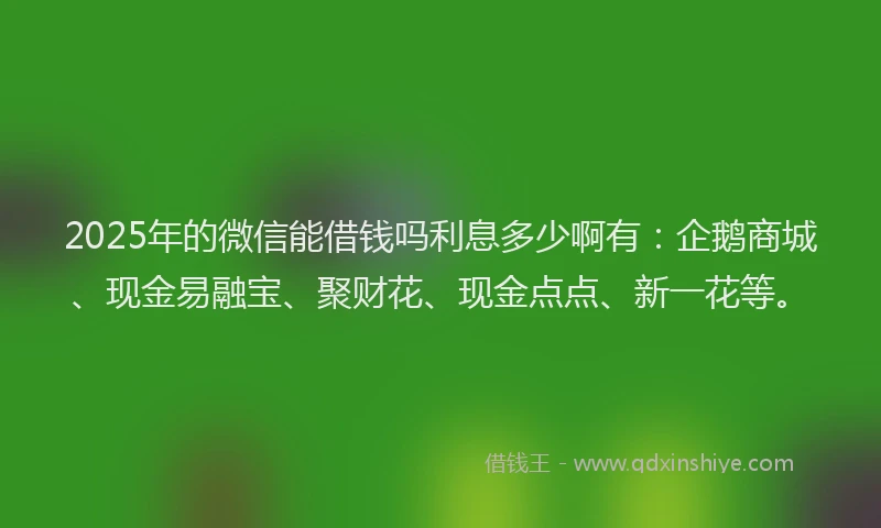 2025年的微信能借钱吗利息多少啊有：企鹅商城、现金易融宝、聚财花、现金点点、新一花等。