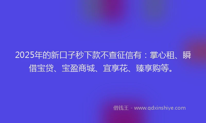 2025年的新口子秒下款不查征信有：掌心租、瞬借宝贷、宝盈商城、宜享花、臻享购等。