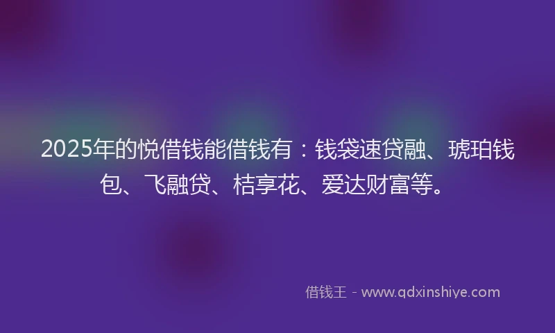 2025年的悦借钱能借钱有：钱袋速贷融、琥珀钱包、飞融贷、桔享花、爱达财富等。