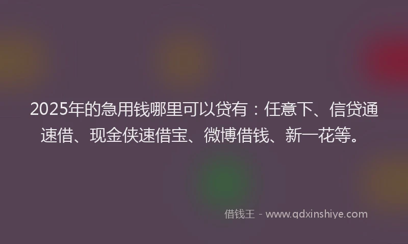 2025年的急用钱哪里可以贷有：任意下、信贷通速借、现金侠速借宝、微博借钱、新一花等。
