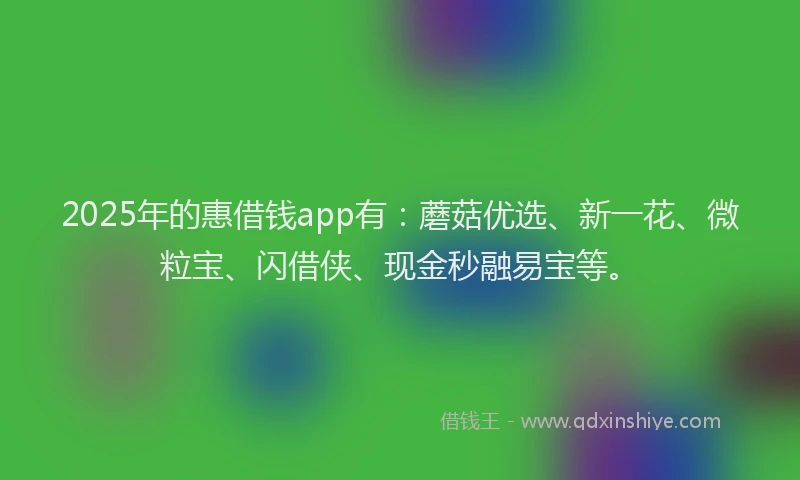 2025年的惠借钱app有：蘑菇优选、新一花、微粒宝、闪借侠、现金秒融易宝等。
